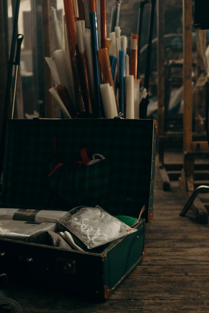 A cluttered workshop with an open box of art supplies and various rolls of material.